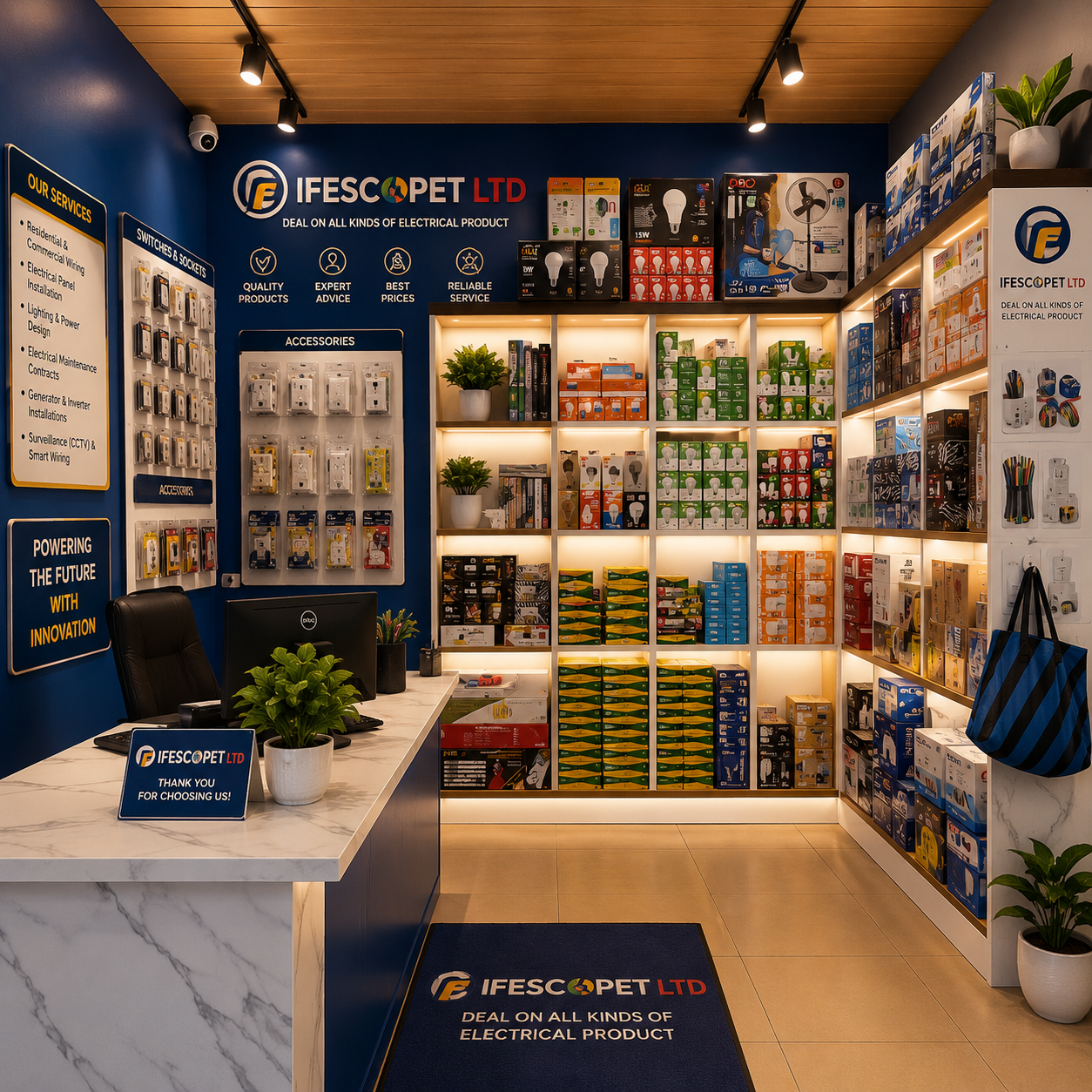 Inside the IFESCOPET LTD office showing electrical products and the services board
