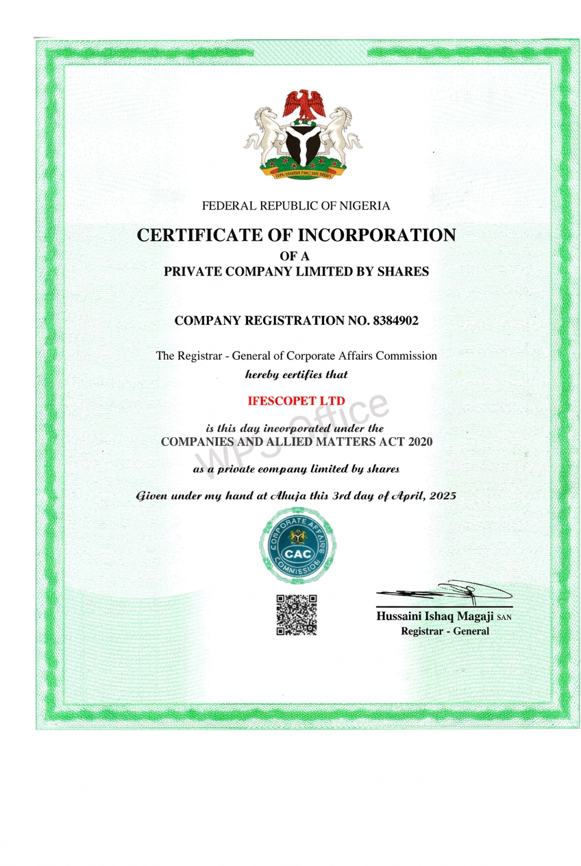 IFESCOPET LTD Certificate of Incorporation from the Corporate Affairs Commission, RC No. 8384902