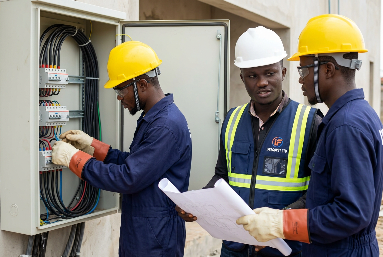 IFESCOPET LTD engineers reviewing drawings while terminating cables in an industrial distribution panel