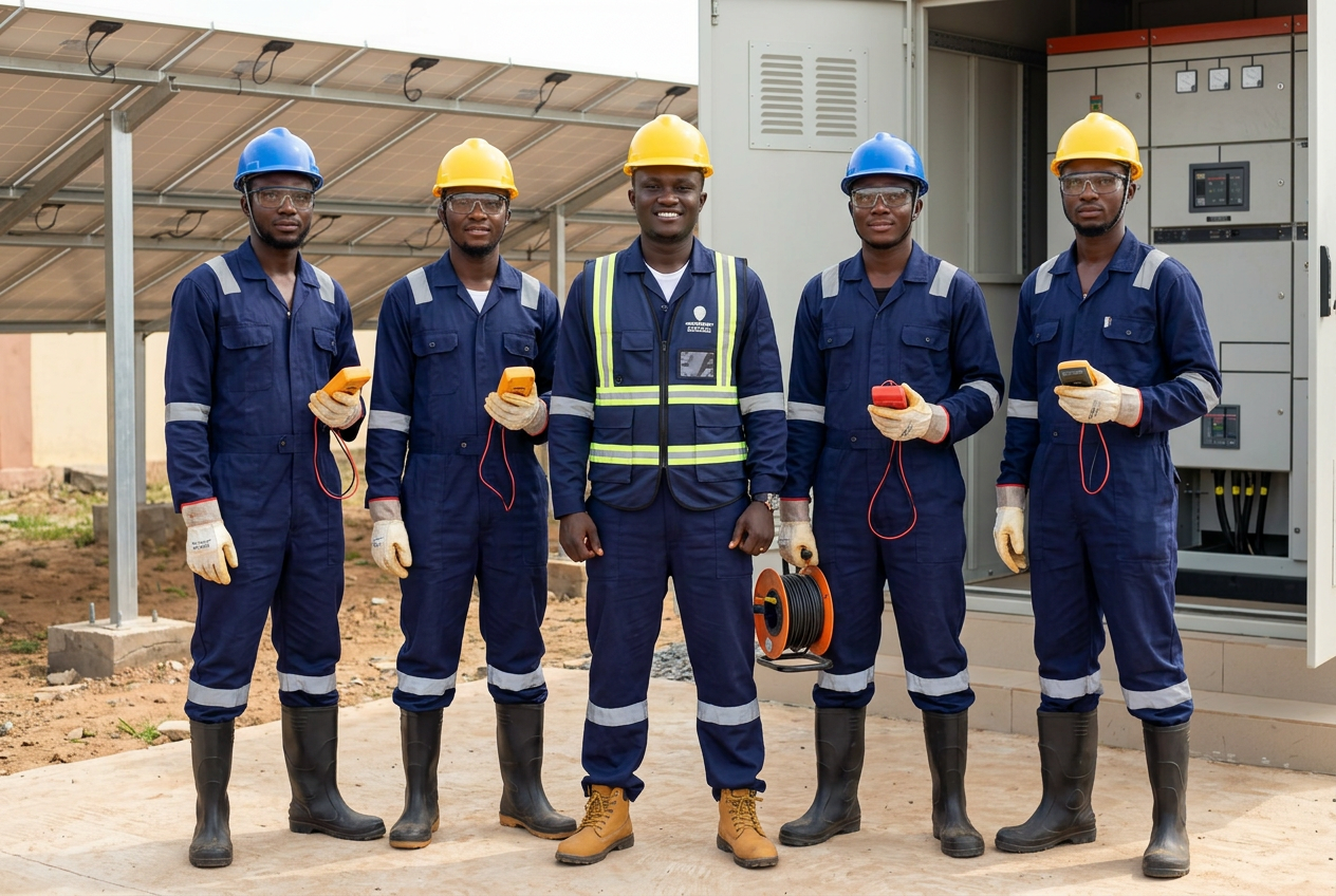 Peter Ifeanyi Ukpabi with the IFESCOPET LTD electrical team in branded safety vests and coveralls at a solar and switchgear installation site