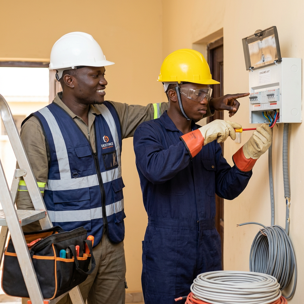 IFESCOPET LTD founder Peter Ifeanyi Ukpabi supervising an electrician fitting a residential consumer unit in Port Harcourt